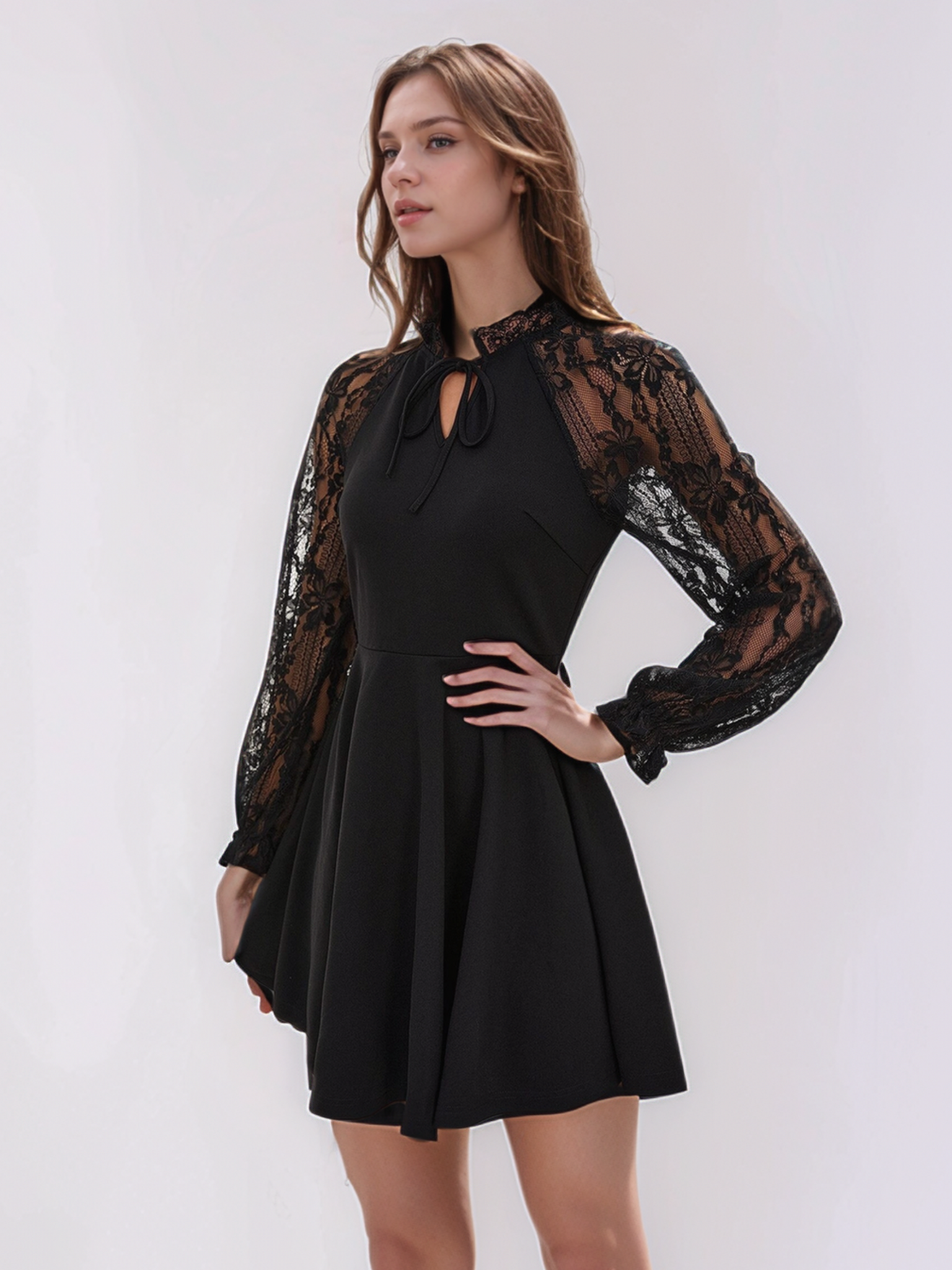 Elegant Black Lace Long Sleeve Skater Dress