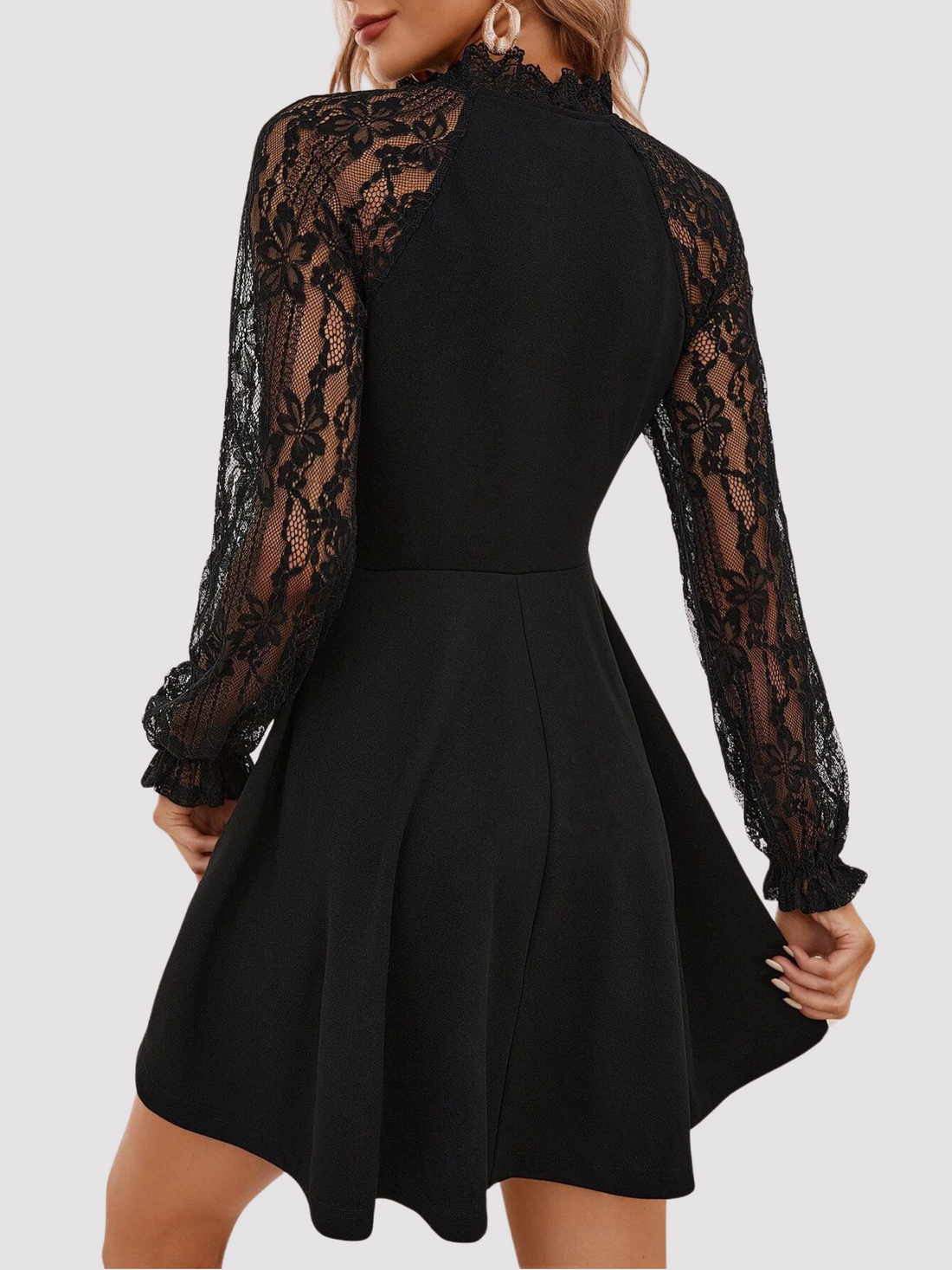 Elegant Black Lace Long Sleeve Skater Dress