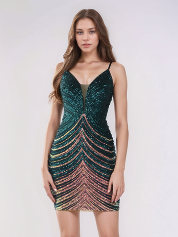 V-Neck Sequin Green Bodycon Mini Dress